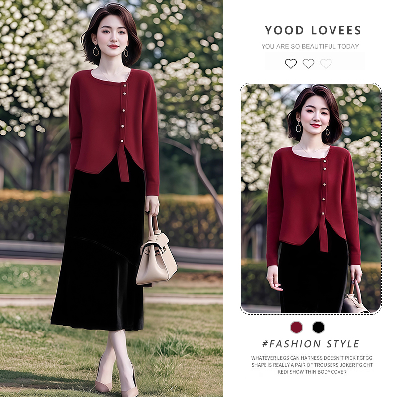 2025春秋新款慵懒风不规则方领红色毛衣高腰丝绒半身裙两件套女