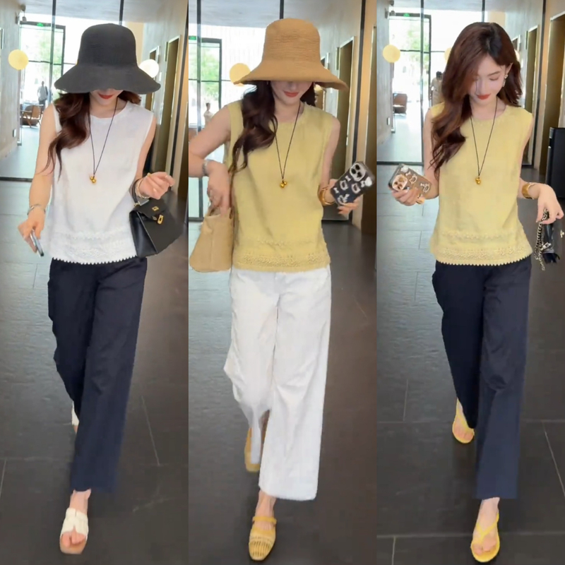 夏季超好看高级感两件套女装无袖背心小衫阔腿休闲裤时尚爆款套装