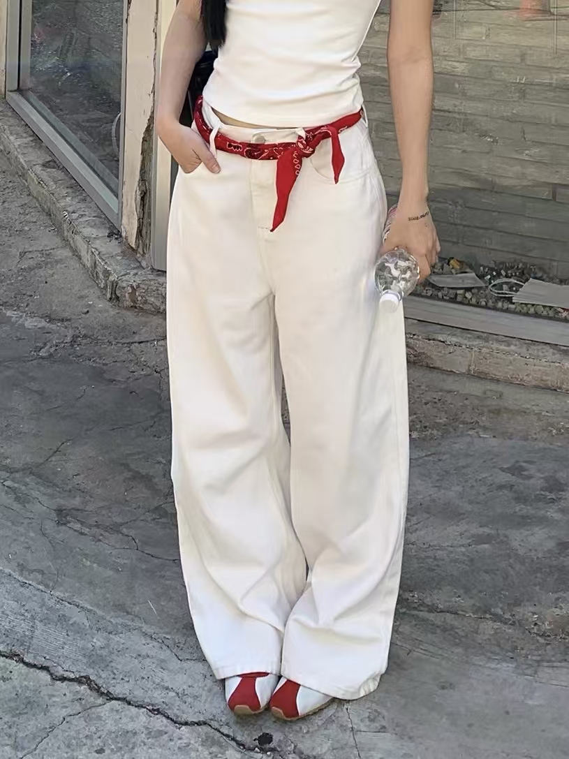 秋季新款复古百搭水洗高腰宽松百搭显瘦长裤直筒牛仔裤白色7010