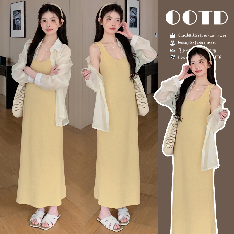 孕妇装韩版显瘦孕妇装春夏装吊带+设计开叉衬衫两件套孕期