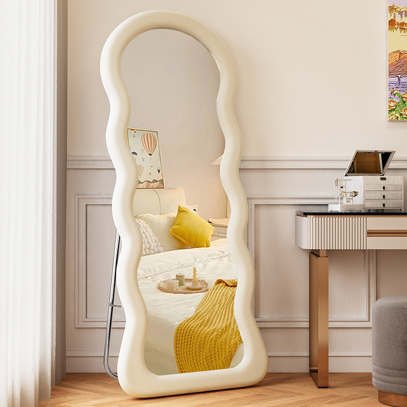 法式波浪穿衣镜家用卧室女生轻奢落地试衣镜网红奶油风异形全身镜