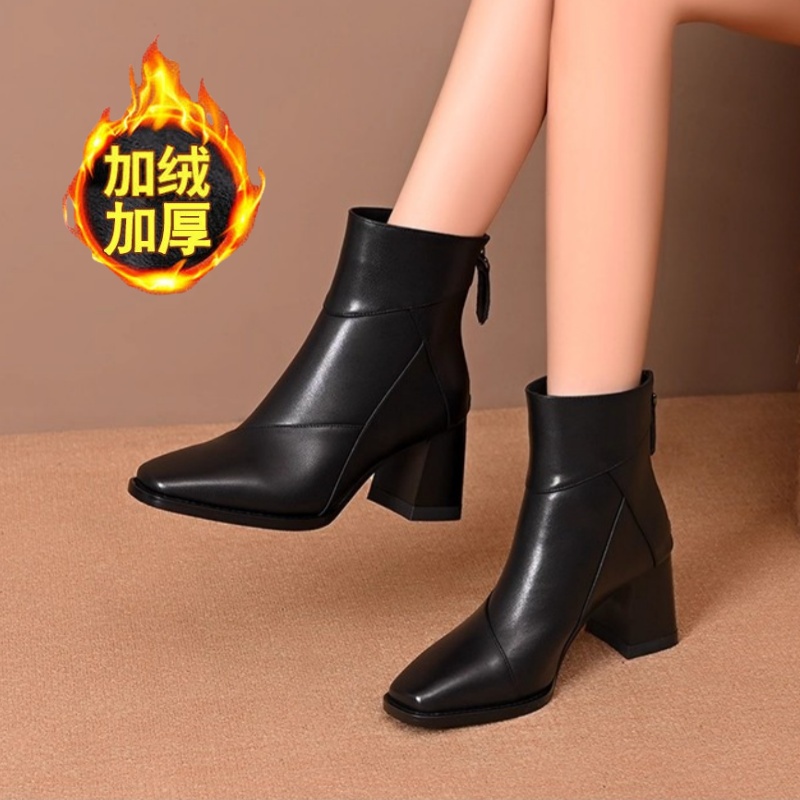 【万达撤柜仓】秋冬新款粗跟时尚百搭英伦风软皮高跟女靴中筒皮靴女