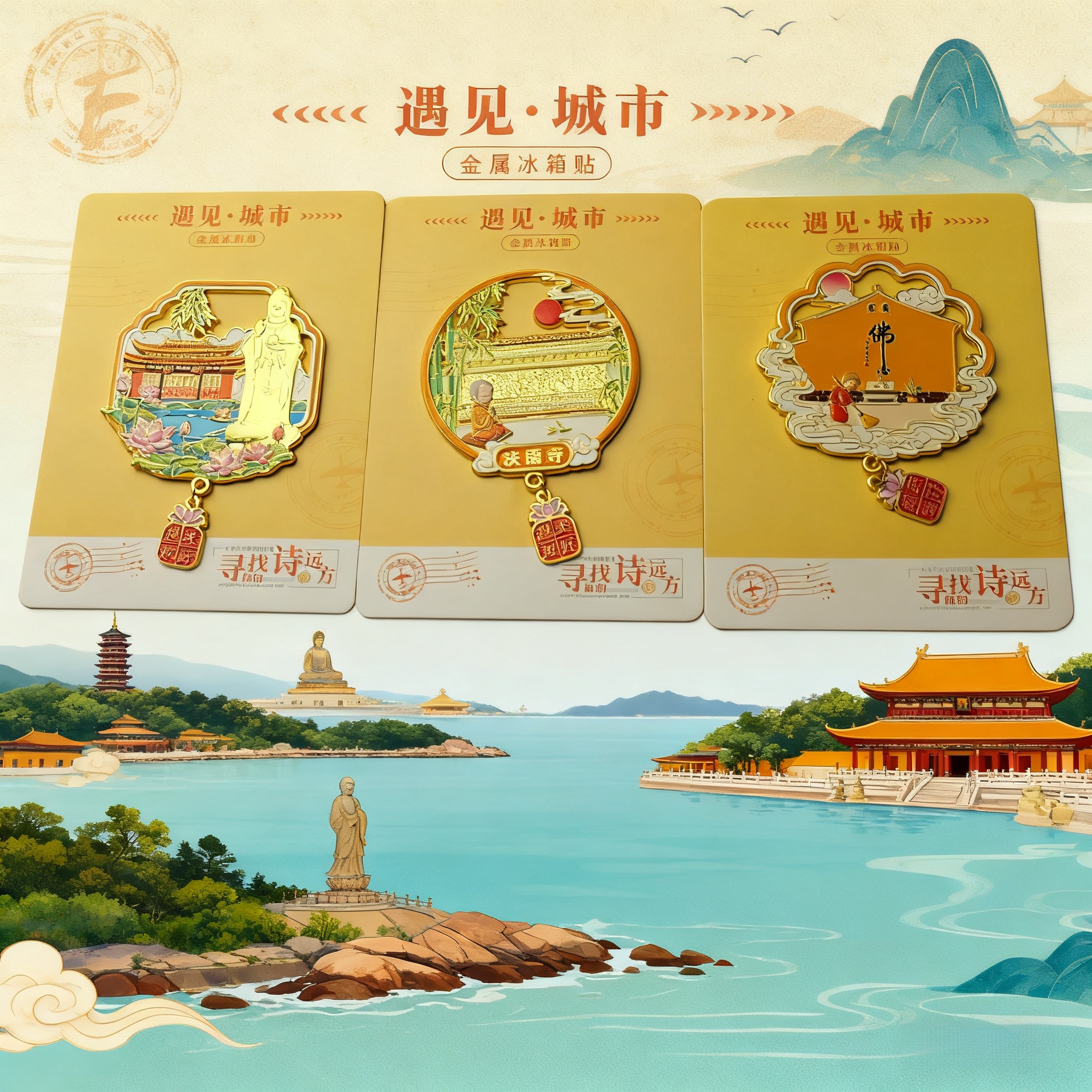 高品质国潮普陀山吊坠系列磁吸金属文创冰箱贴旅游特色纪念品