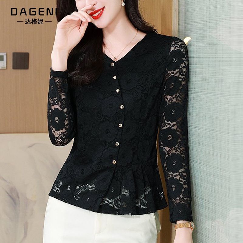 高档小香风长袖上衣女2025年秋季时尚镂空蕾丝衫收腰显瘦减龄小衫