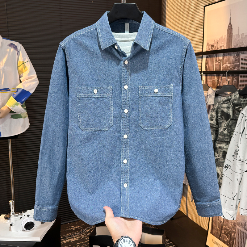 轻奢复古纯棉衬衫男士休闲宽松文艺潮流百搭青年牛仔外套上衣衬衣