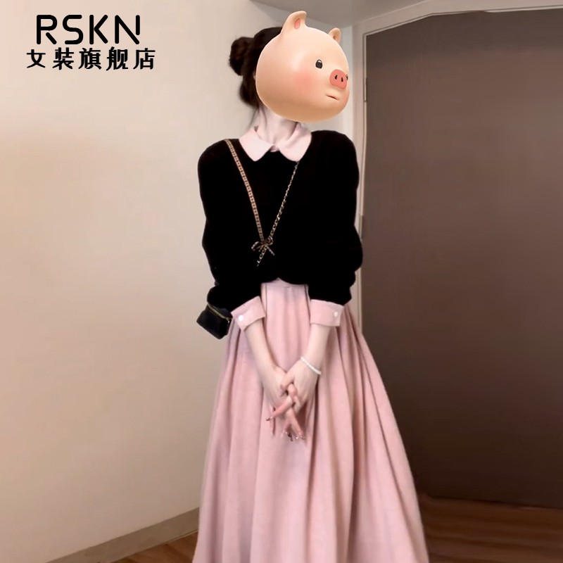 RSKN风粉色连衣裙子女春秋季2025新款富家千金品质感穿搭套装长裙
