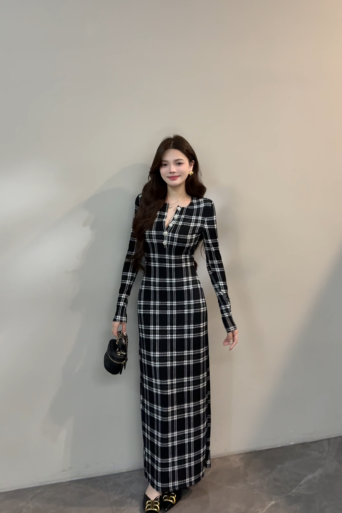 【苏苏】秋冬新款格纹气质长袖聚会通勤时尚长裙显瘦连衣裙DT1691