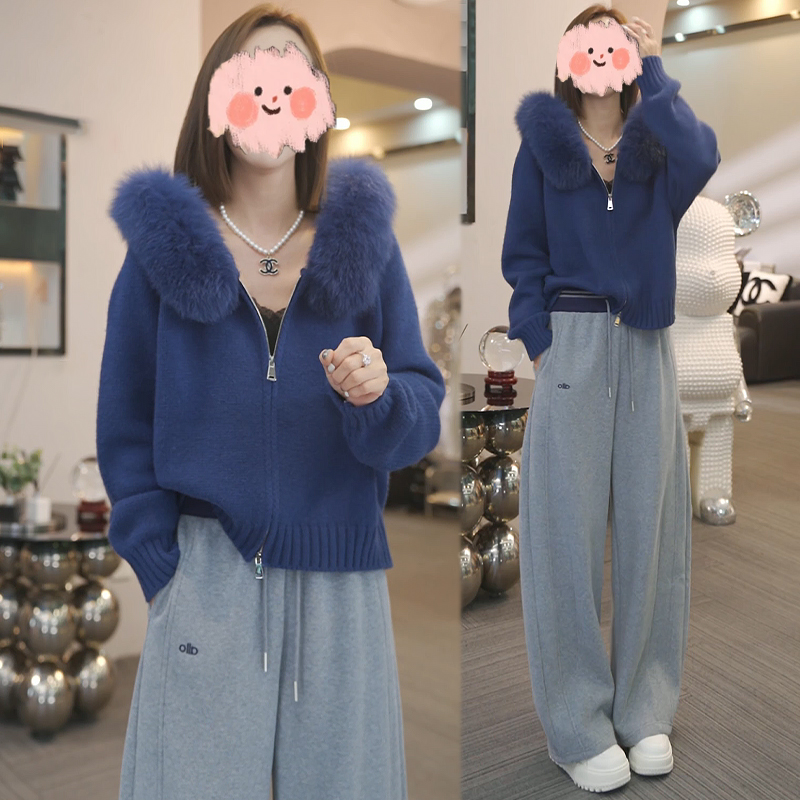 设计感大毛领加厚针织帽衫2025新款秋冬装保暖舒适软糯亲肤外套女