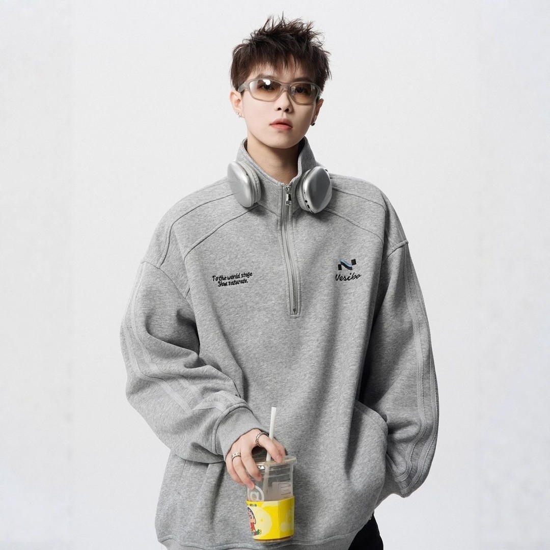 美式重磅半拉链立领保暖卫衣男女潮宽松秋冬刺绣长袖百搭情侣外套