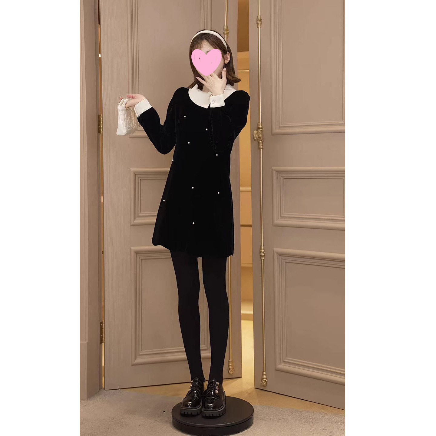 周楚楚女装同款韩系小个子黑色丝绒连衣裙女秋季富家千金小黑裙子