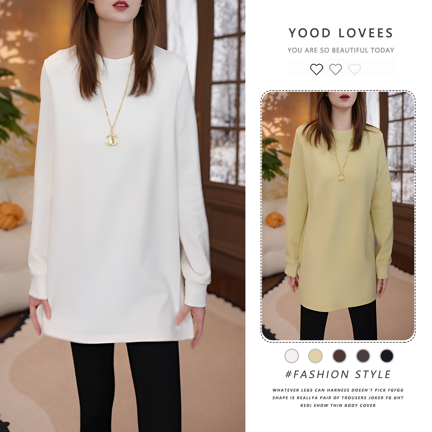 2025秋冬新款简约纯色长袖T恤女打底宽松百搭中长款开叉加厚上衣