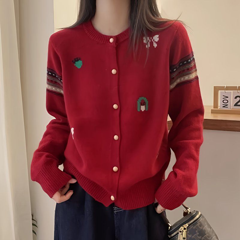 设计感秋冬新款洋气开衫减龄刺绣图案单排扣软糯羊毛针织衫毛衣女