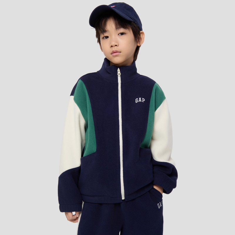 Gap男童2025秋季新款logo撞色摇粒绒宽松小立领外套儿童装805272