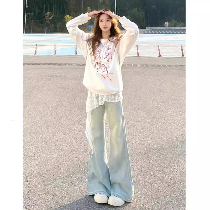 雪千羽美式加长拖地浅蓝阔腿牛仔裤女春夏新款垂感直筒宽松微喇裤