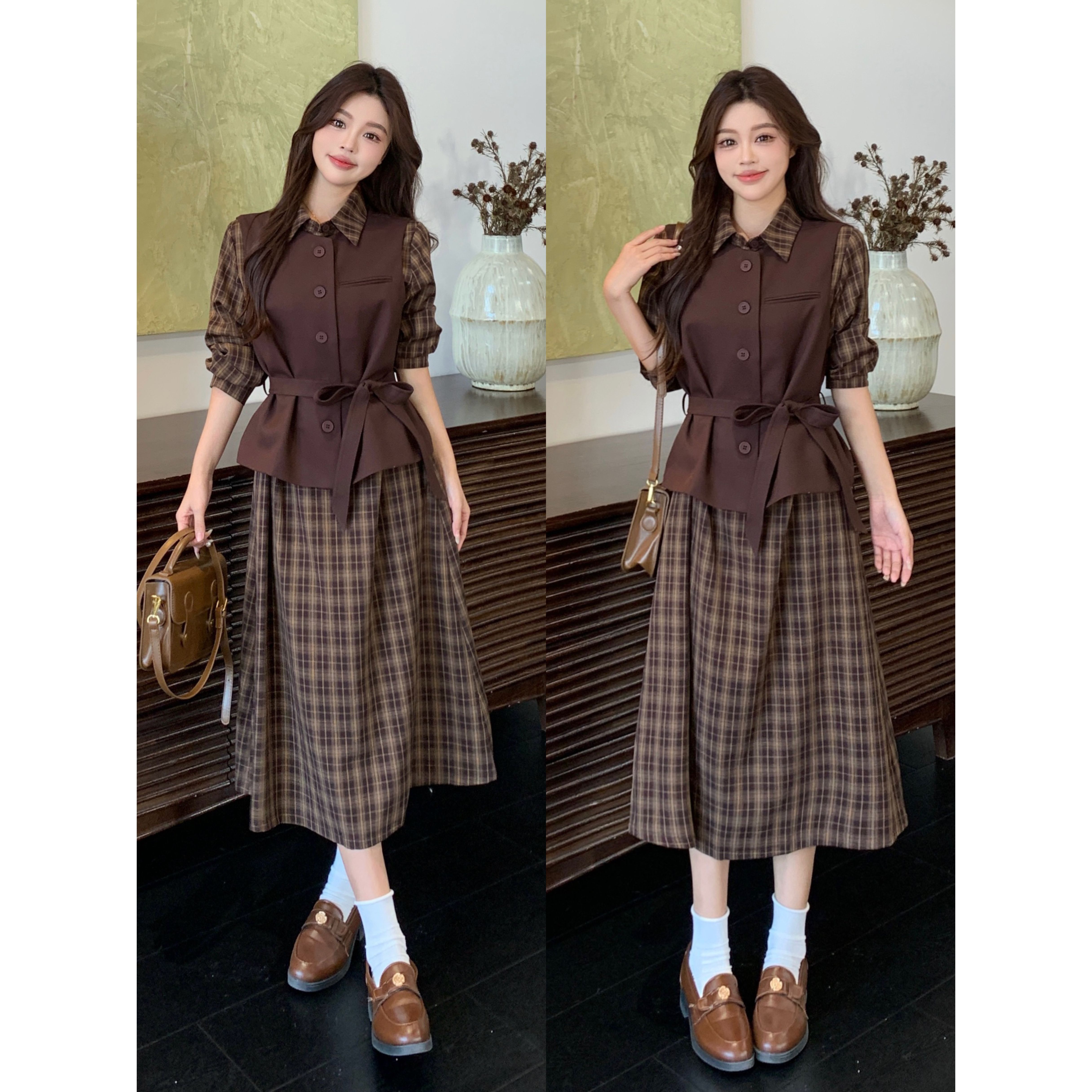 大码秋季新款洋气时尚格子连衣裙气质小香风马甲两件套时尚套装女