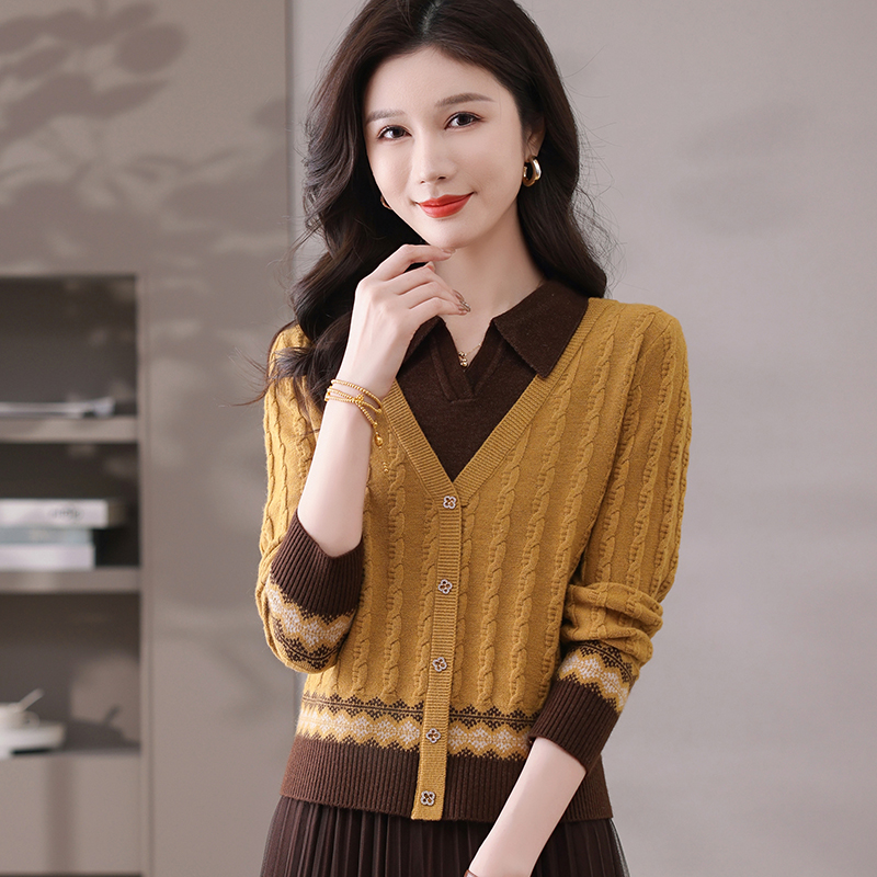 假两件套头翻领长袖针织衫女秋季新款洋气百搭上衣气质外穿