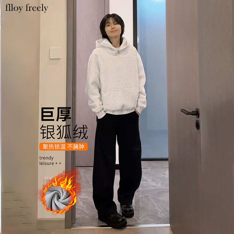 灰色运动裤男生弯刀裤加绒加厚休闲长裤美式复古百搭宽松直筒卫裤