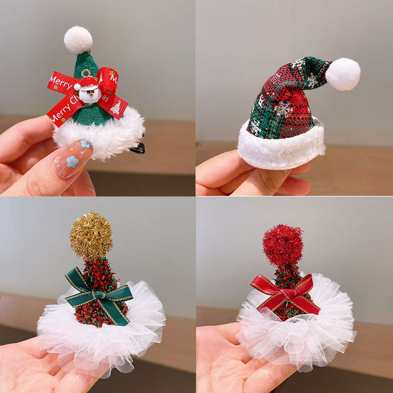 圣诞节发饰可爱帽子发夹网红立体网纱蝴蝶结鸭嘴夹鹿角顶夹