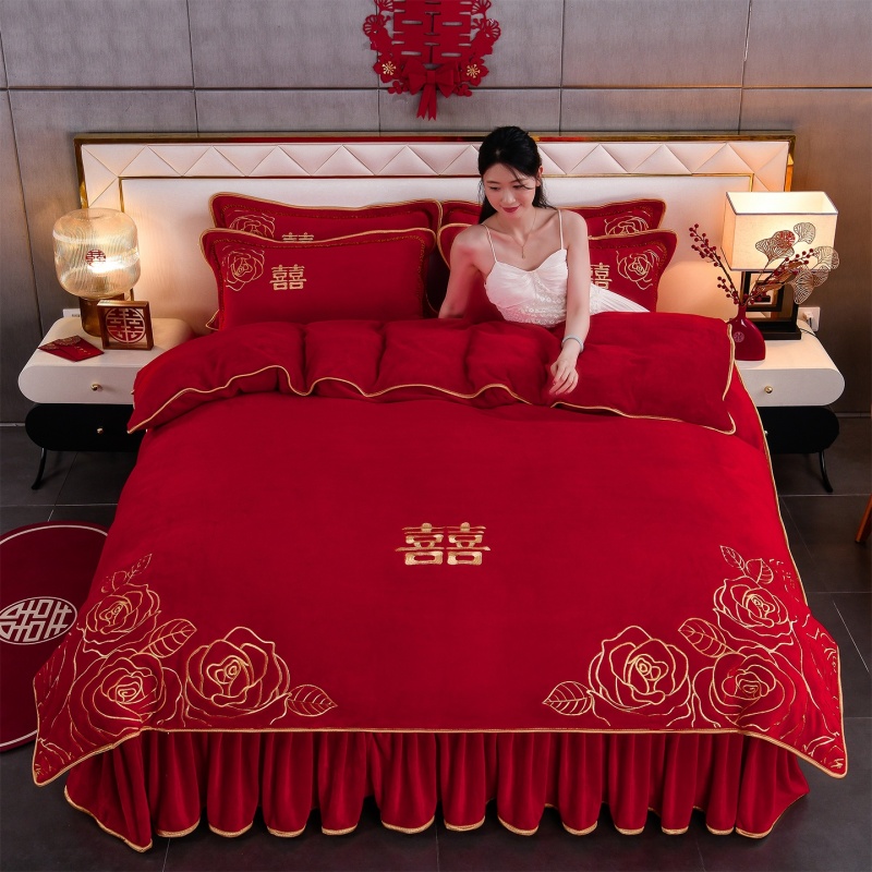 冬季刺绣牛奶绒结婚四件套大红色加厚加绒珊瑚绒被套婚庆喜被床品
