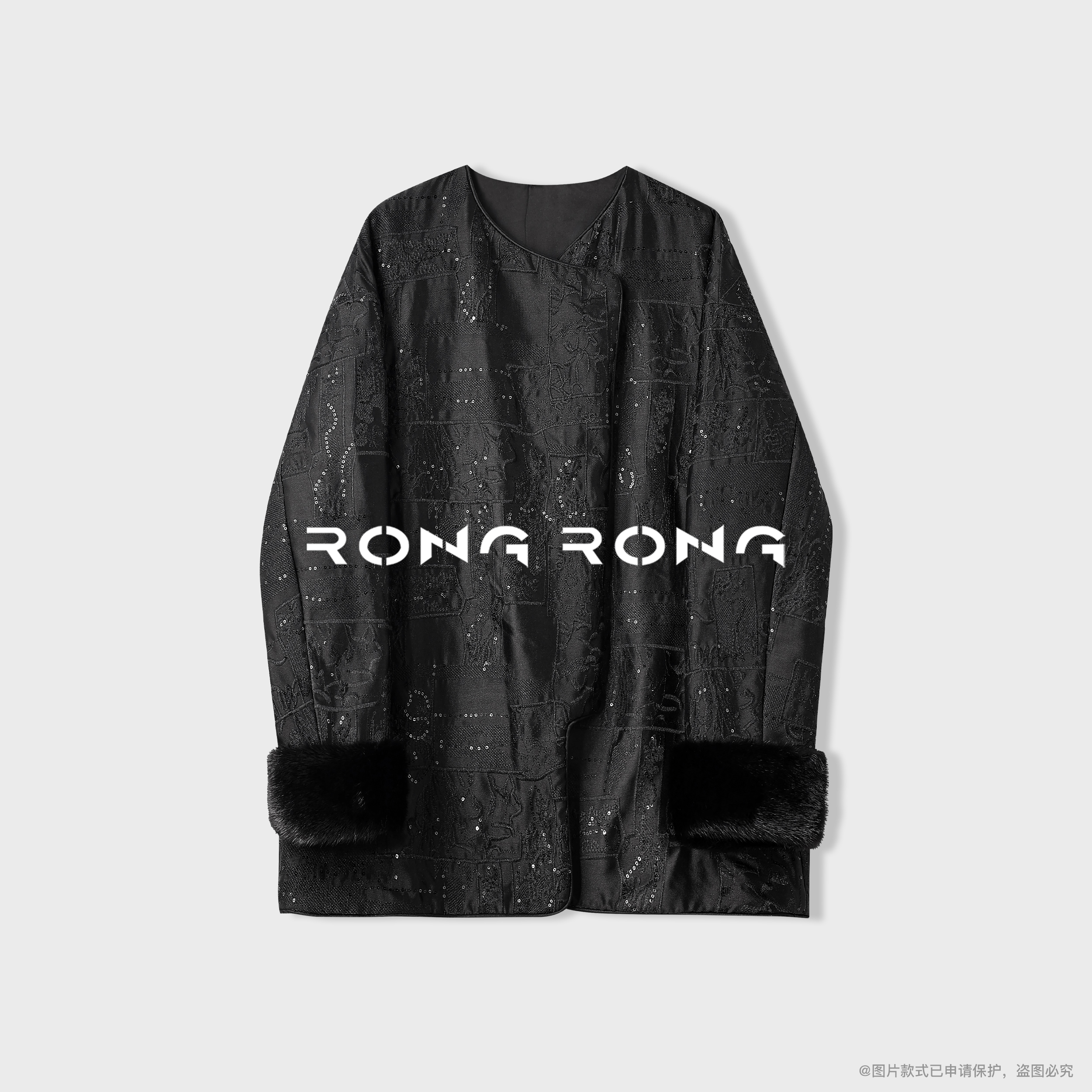 溶溶【汉宫星月】RONGRONG 羊毛刺绣水貂毛袖桑蚕丝填充外套DK-1827