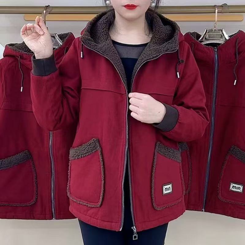 《专柜品质》加大加肥加绒加厚休闲百搭妈妈装连帽外套