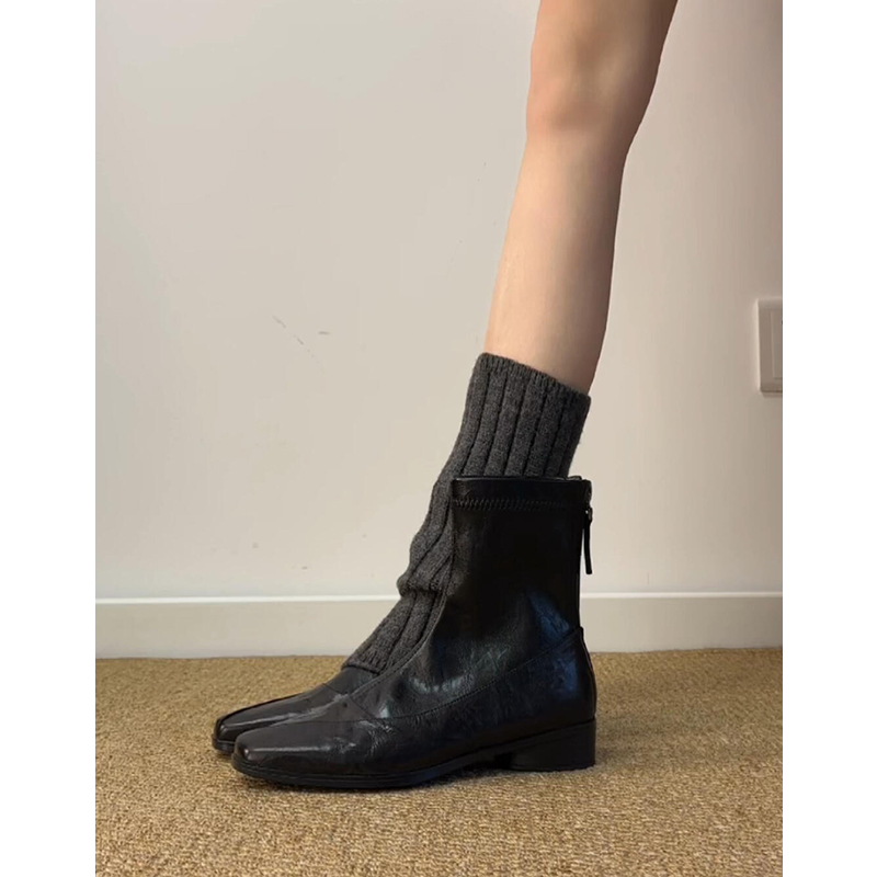 羊皮版~气质方头低跟瘦瘦靴女秋冬复古通勤百搭后拉链短靴马丁靴