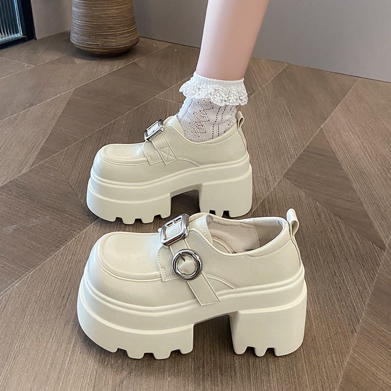 小个子10cm厚底增高松糕小皮鞋女春季新款皮带扣百搭英伦风乐福鞋