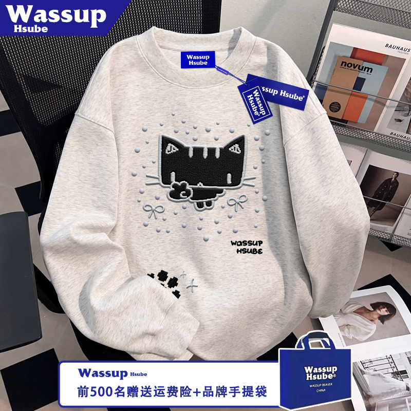 WASSUP HSUBE慵懒猫咪圆点印花T恤ins秋季白灰上衣纯棉男女款长袖