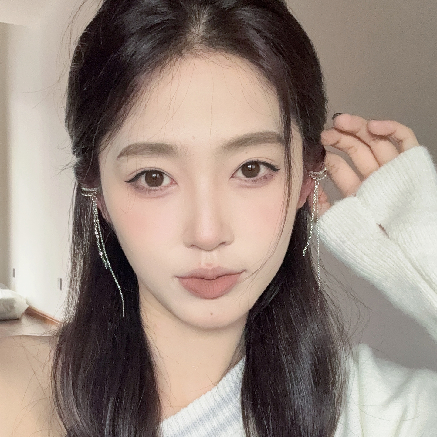 铜合金合成锆石耳饰  两戴式~双层镶钻银色链条耳夹