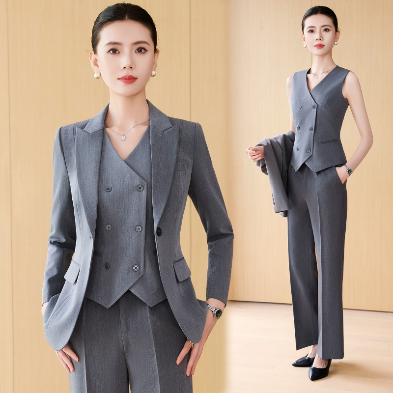 高级感职业套装女2025秋季新款气质通勤西装马甲直筒裤灰色三件套