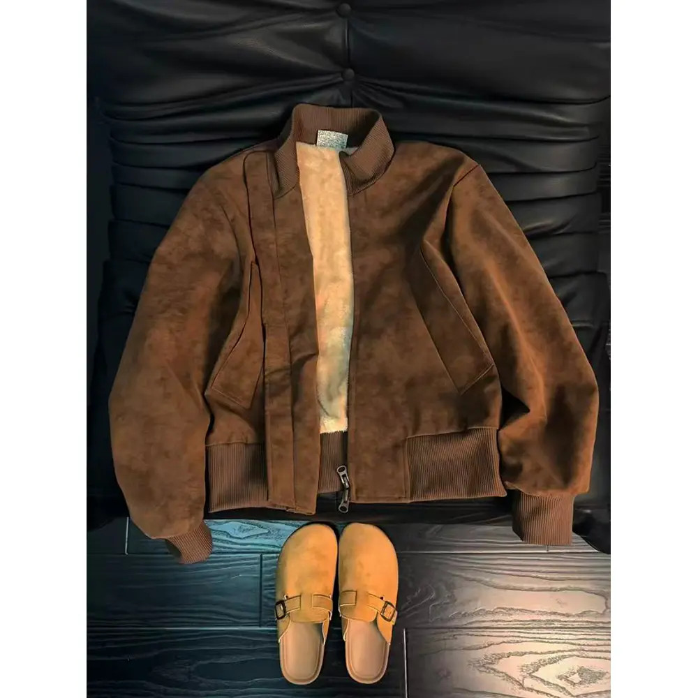 扎染美式复古加绒cleanfit痞帅立领皮衣棉服夹克冬季短款外套男