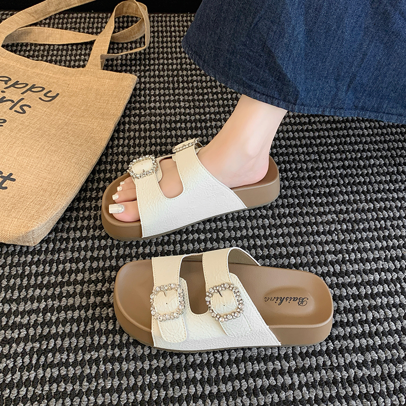 夏日吐司水钻拖鞋女2025年新款百搭勃肯鞋松糕厚底韩版勃肯凉拖