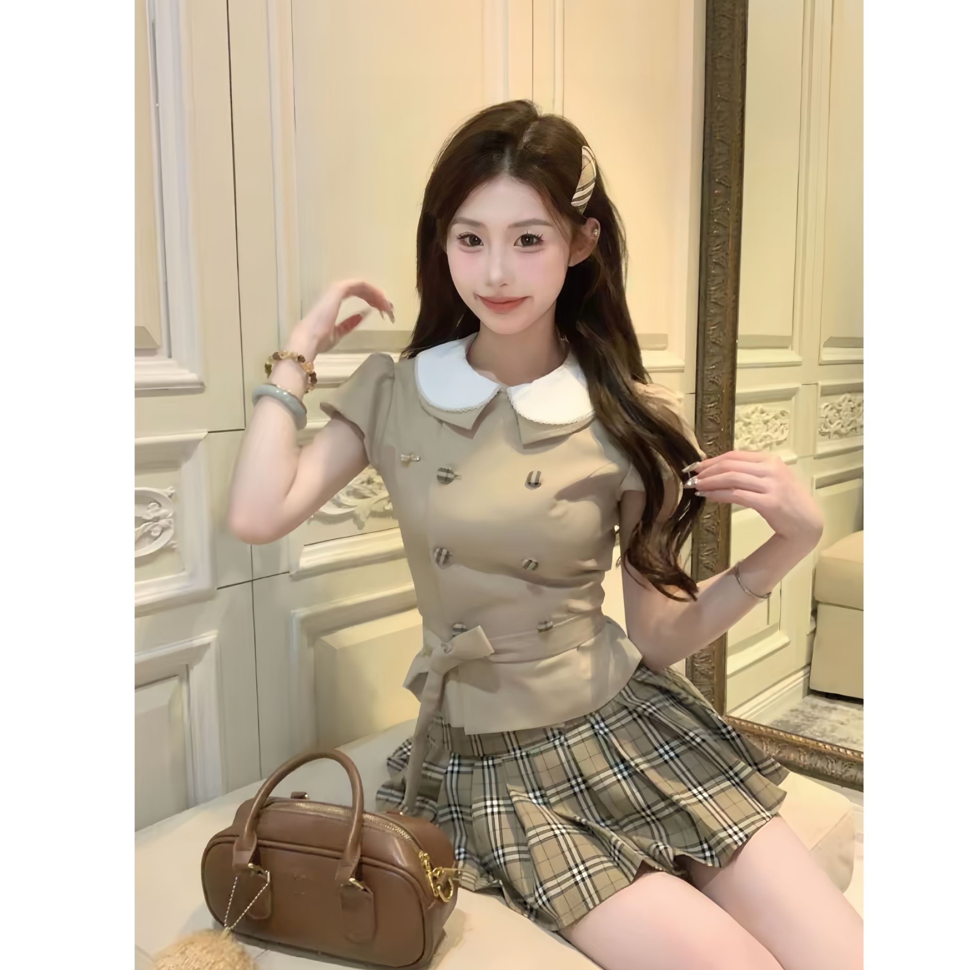 英伦学姐 夏季新款纯欲风撞色娃娃领短袖上衣显瘦格纹百褶裙套装