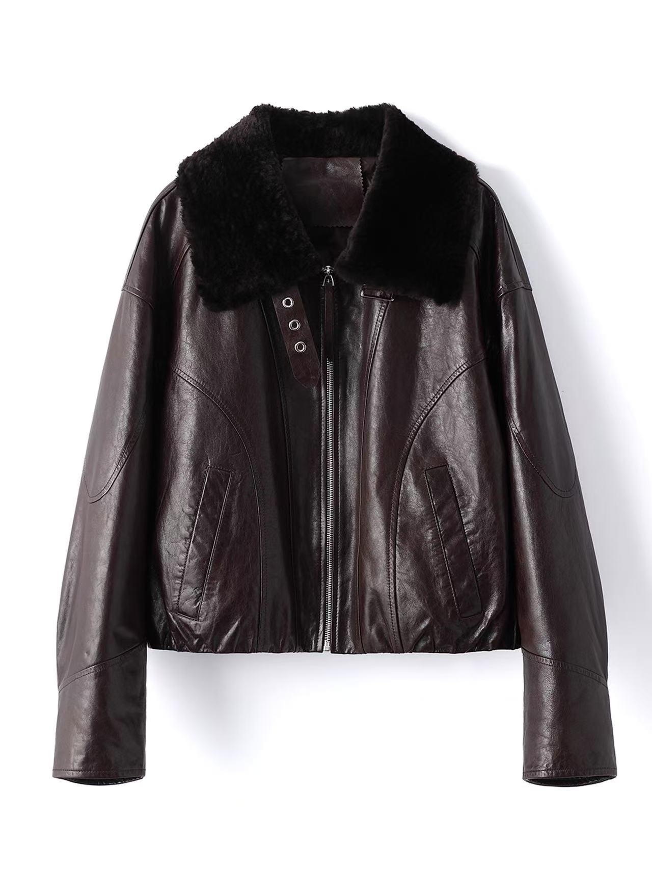 WE 2025新款真皮头层绵羊皮冷翡翠油蜡鹅绒服拉贡皮毛一体羊毛领