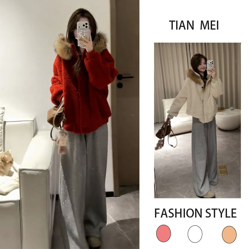 秋冬季一整套女神范爆款毛领毛绒绒保暖外套加绒闪闪裤休闲两件套