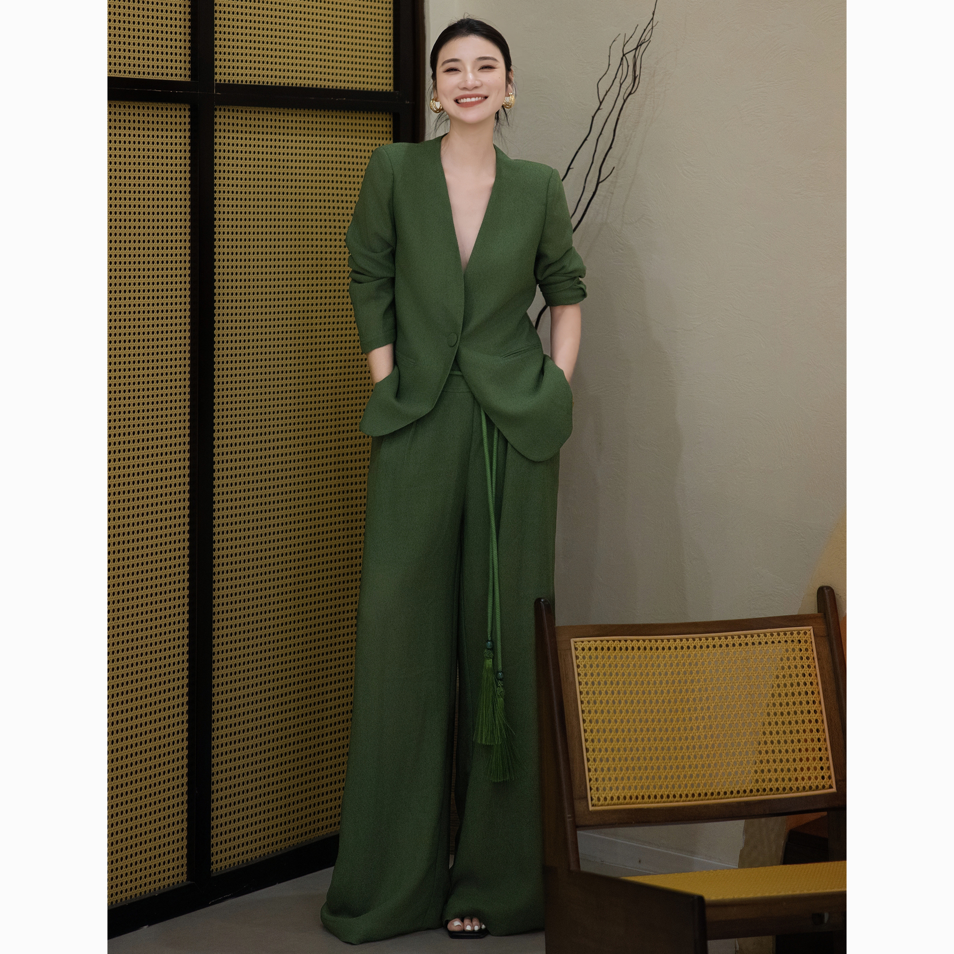 ZEROYK慵懒老钱风亚麻套装设计感宽松时尚西服阔腿裤两件套