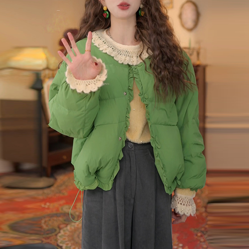 韩版时尚高级感纯色百搭棉服女2025冬季新款小众洋气圆领显瘦外套