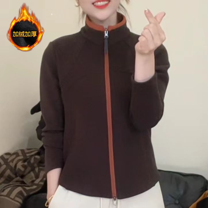 冬季新款休闲运动加绒加厚拉链开衫百搭减龄长袖女士保暖上衣5728
