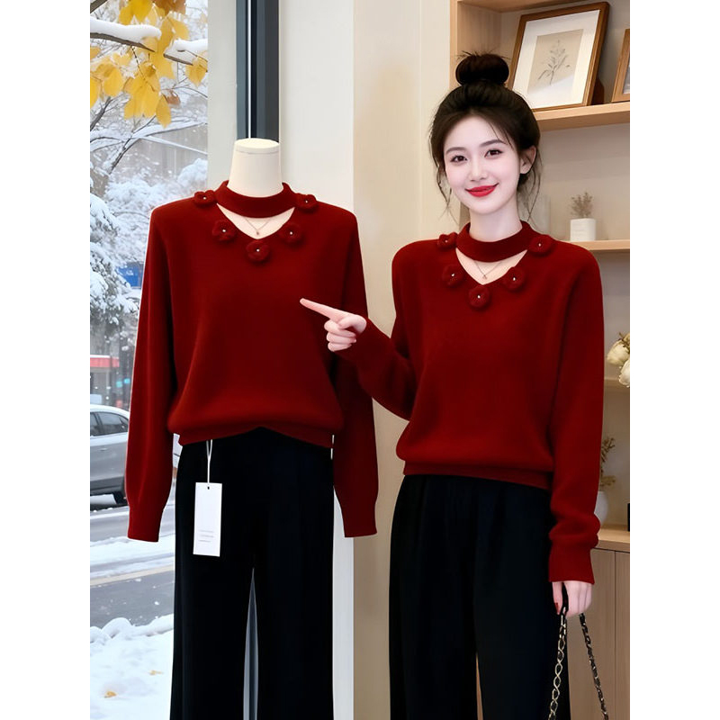 大码新年红色氛围感立体花朵毛衣设计感显瘦洋气跨年巨好看针织衫