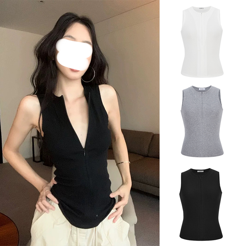 Moses Queen/魔西女王美式辣妹拉链开领无袖上衣女夏显瘦打底背心