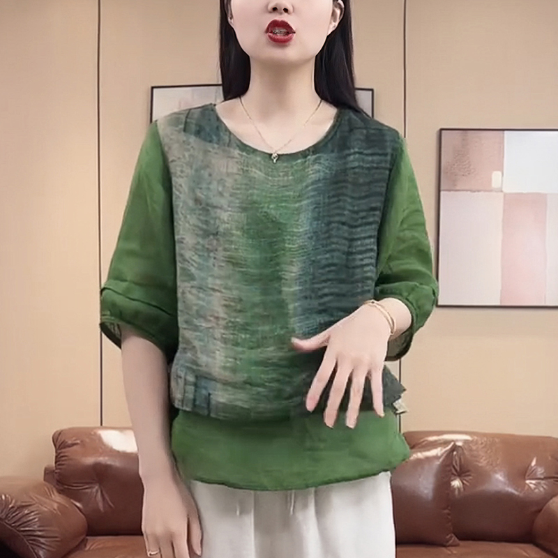 亚麻绿色短袖衬衫女士2025夏季时尚减龄显瘦褶皱高级感假两件上衣