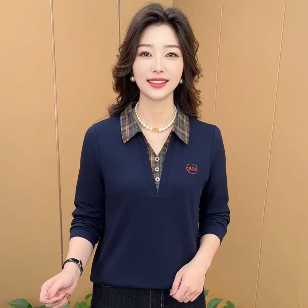 秋季新款时尚翻领假两件气质妈妈装休闲减龄显瘦长袖上衣K9980