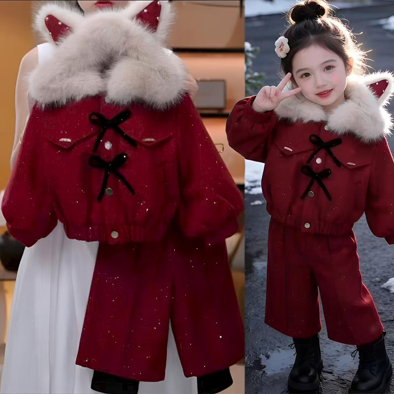 女童拜年服套装儿童冬季新款加绒加棉两件套宝宝红色新年过年衣服