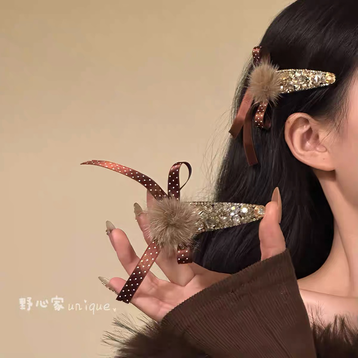 【半岛松茶】超闪气质锆石发卡咖色蝴蝶结侧边夹子发卡