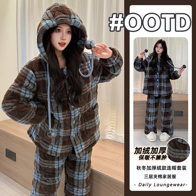 2025冬季长毛绒三层夹棉加绒加厚睡衣女珊瑚绒格纹舒适保暖家居服