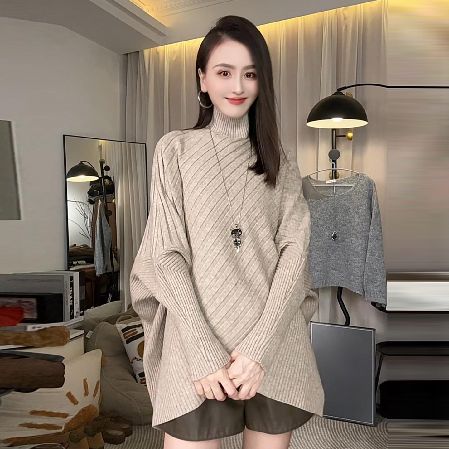 慵懒风不规则高领毛衣女2025秋冬款坑条蝙蝠袖宽松显瘦针织衫上衣