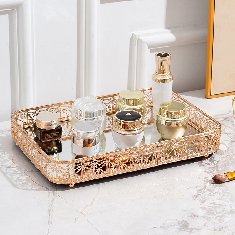 镜面玻璃托盘长方形茶盘轻奢水杯杯子水果托盘家用客厅放茶杯商用