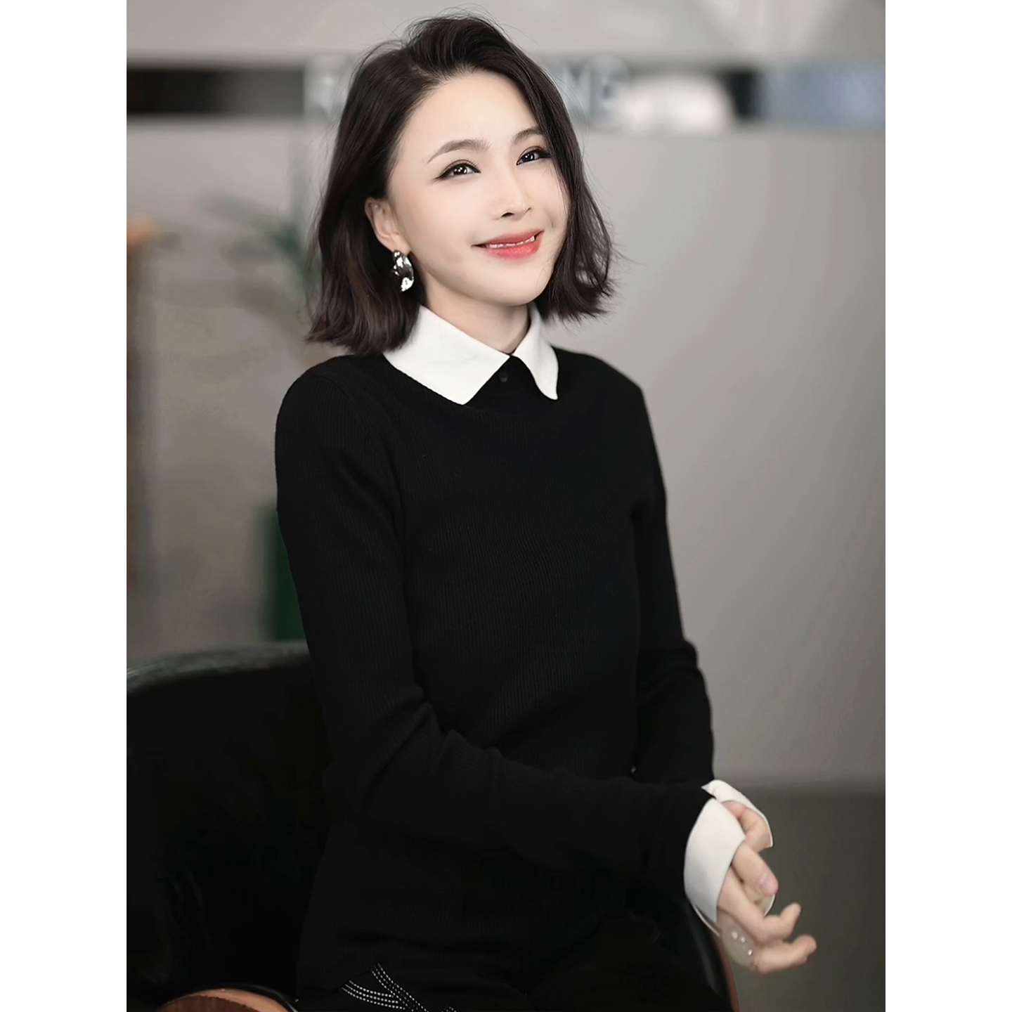 溶溶【精致个性】RONGRONG绵羊毛混纺气质风轻奢假两件针织衫女B039