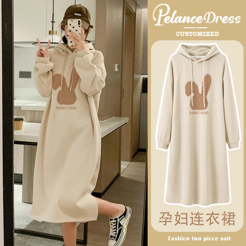 孕妇连衣裙2025新款春秋时尚潮妈气质慵懒风连帽卫衣裙子秋季穿搭