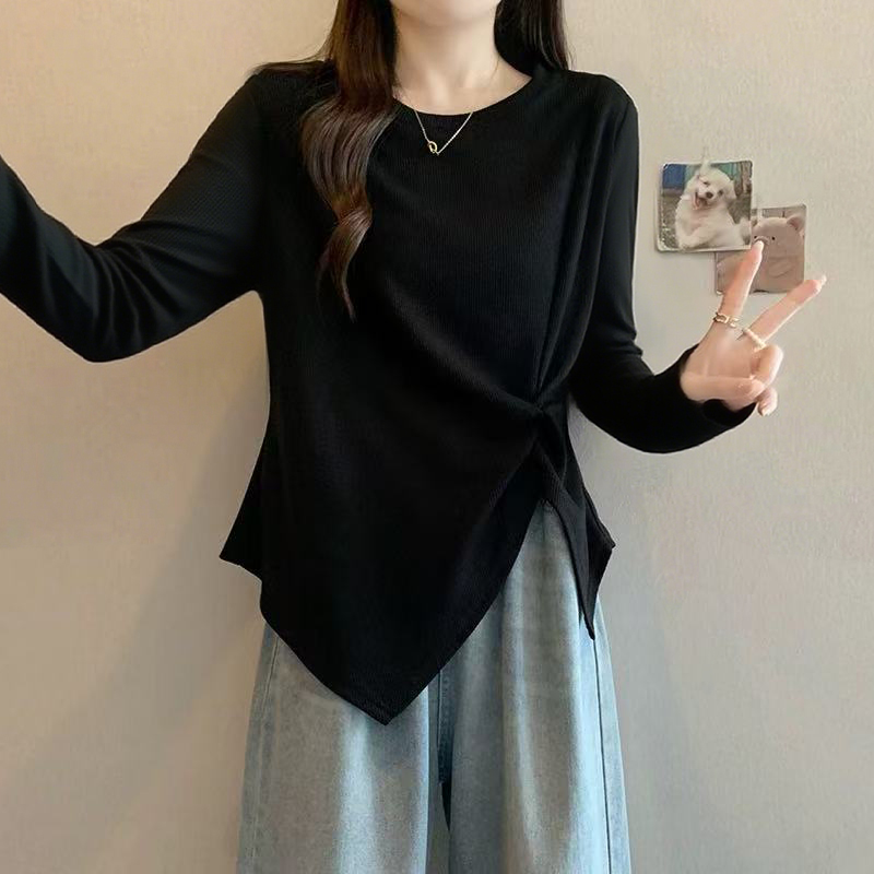 大码黑色正肩t恤长袖女2025新款秋季胖mm不规则遮肚显瘦微胖上衣
